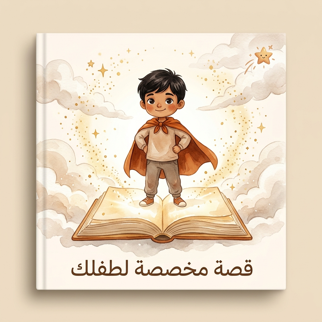 Book cover with an illustration of a child in a cape standing on an open book, surrounded by clouds and stars.