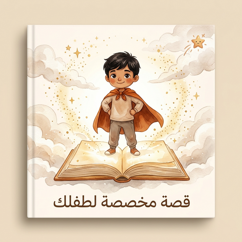 Book cover with an illustration of a child in a cape standing on an open book, surrounded by clouds and stars.